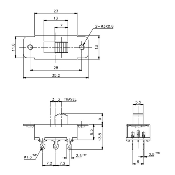 slide switch dpdt dimensions